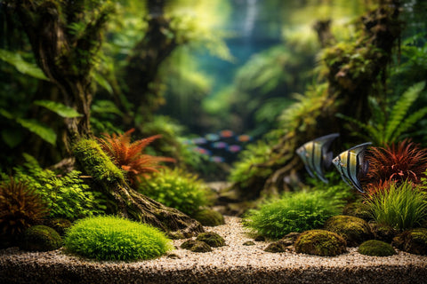 angel fish swimming above a sandy substrate in a jungle aquarium